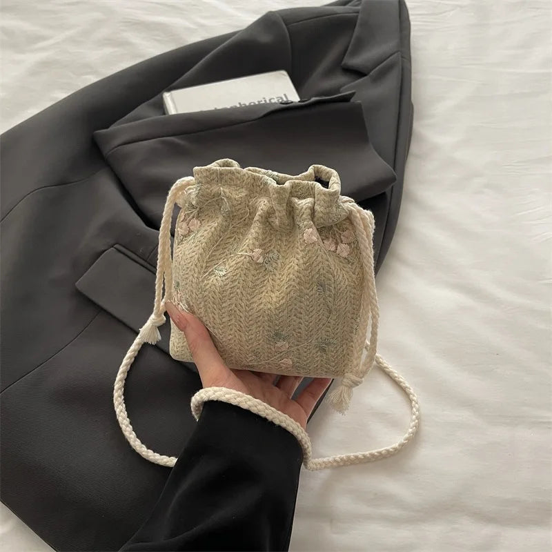Embroidered Straw Bucket Bag