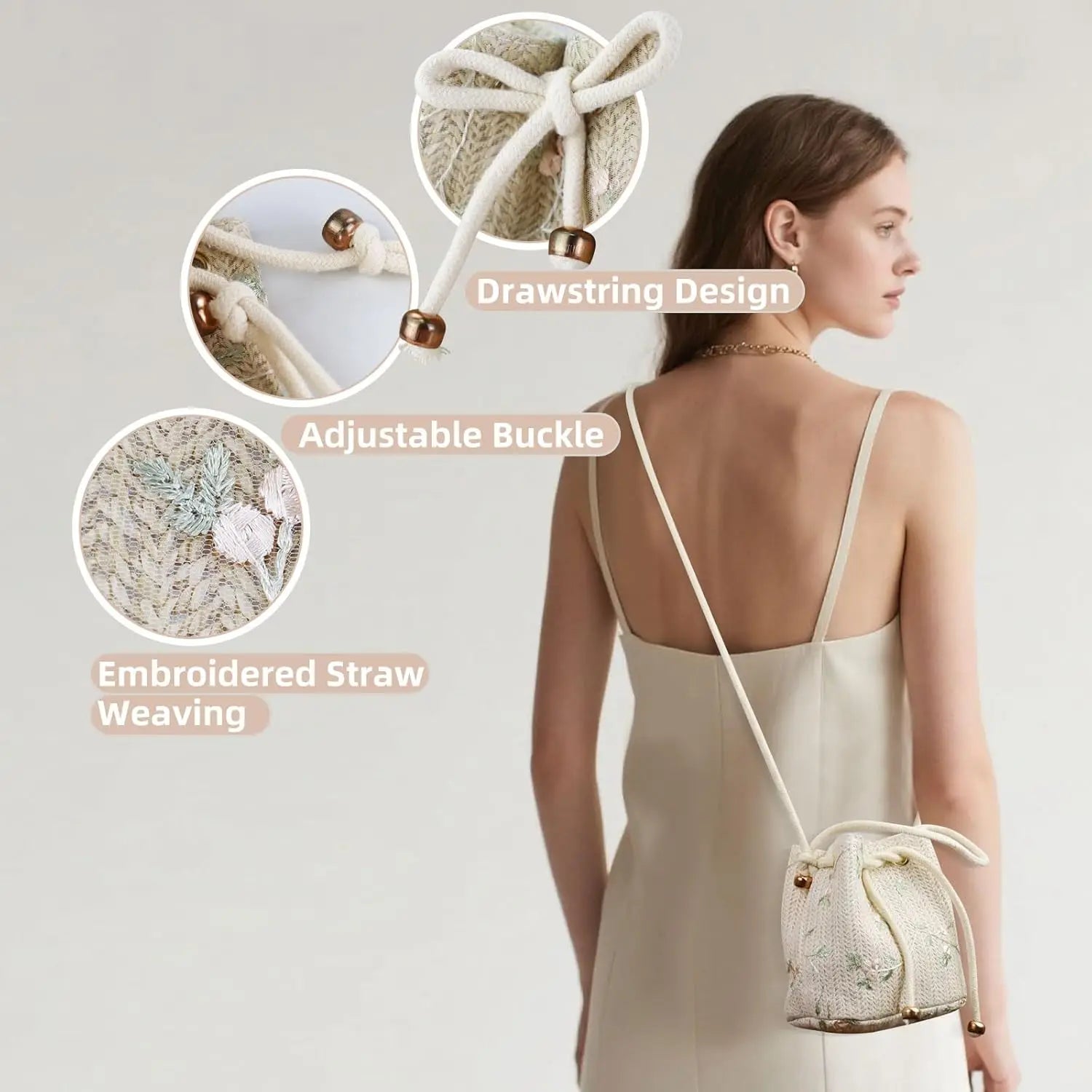 Embroidered Straw Bucket Bag