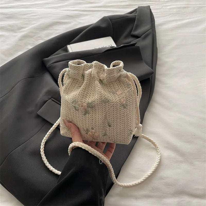 Embroidered Straw Bucket Bag