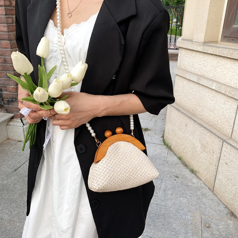 Pearl Chain Straw Bag