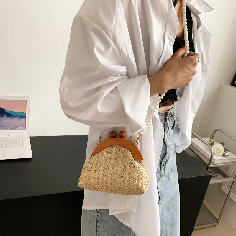 Pearl Chain Straw Bag