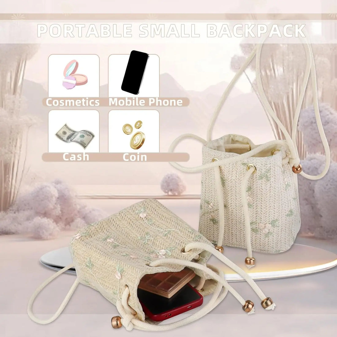 Embroidered Straw Bucket Bag