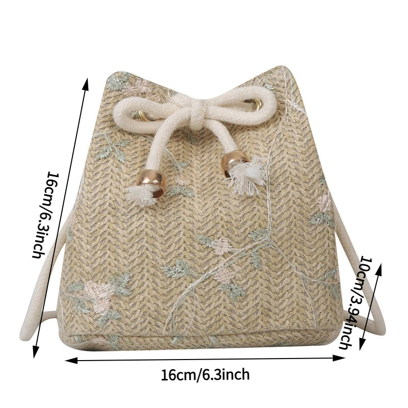 Embroidered Straw Bucket Bag